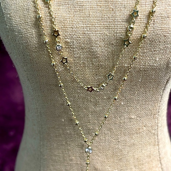 925S GOLD PLATED MULTI STRAND GOLD STARS & CRYSTAL BEZEL SET MOONS NECKLACE - Picture 4 of 9